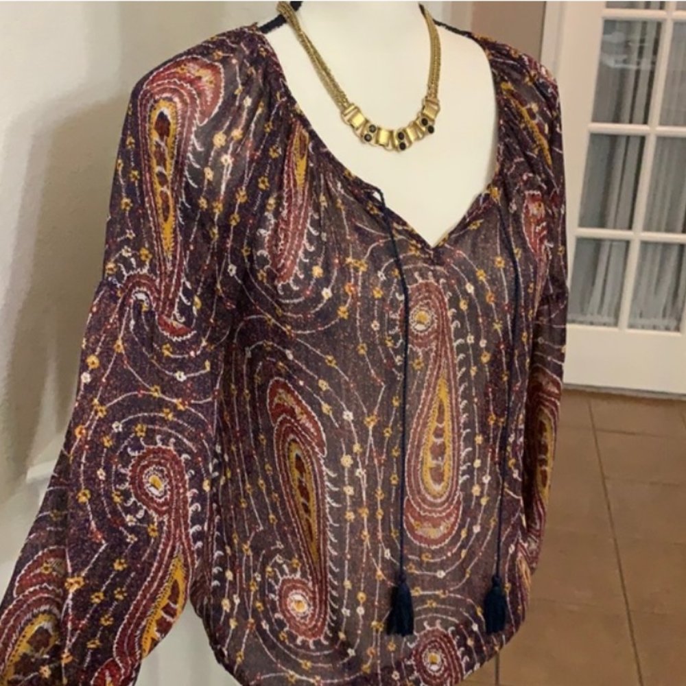 Lucky Brand blue, maroon, & gold sheer boho peasant top